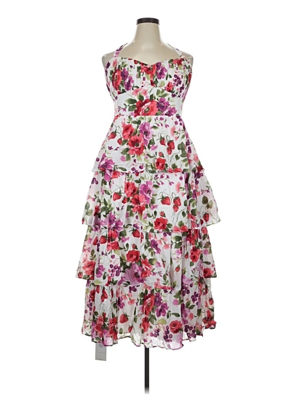 Strapless White Floral Tiered Midi Dress with Pink & Red Blooms